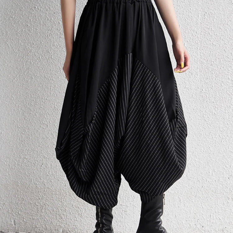 [EAM] High Elastic Waist Black Striped Spliced Harem Trousers New Loose Fit Pants Women Fashion Tide Spring Summer 1DE0542 Black