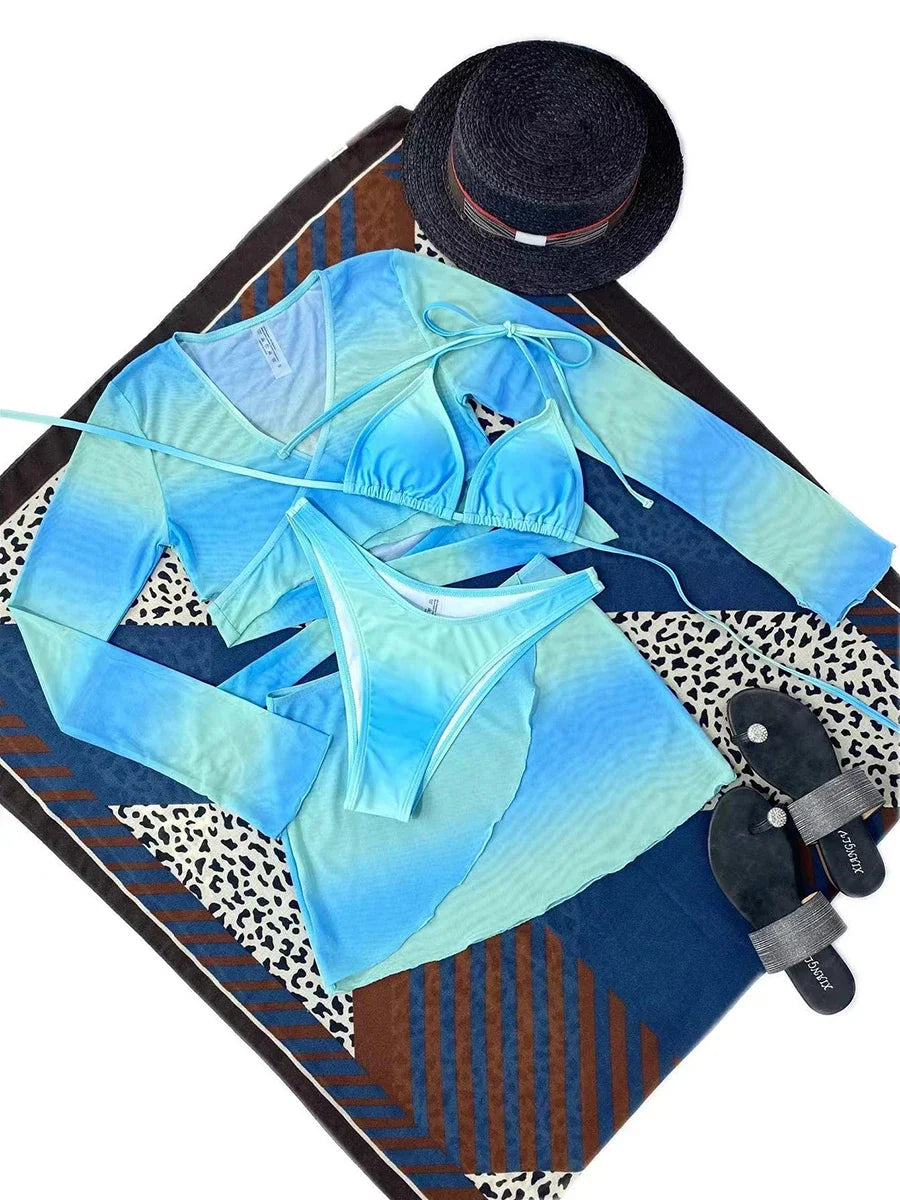 4 Pieces Halter Bikini Swimsuit & Cross Cover Up Top & Beach Skirt Sexy Swimwear Women Bathing Swimming Swim Suit Beachwear