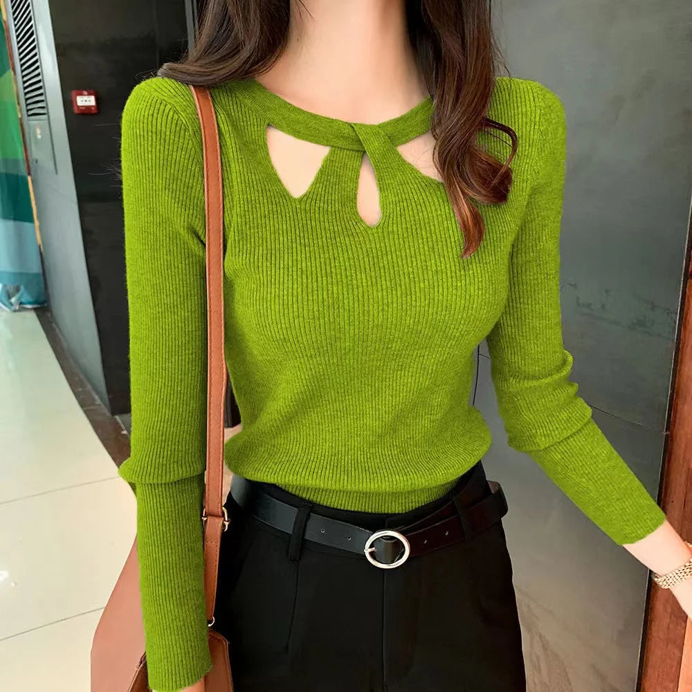 Autumn and Winter Women's Slim Stretch Sexy Pullover Hollow Solid Color Sweater Slim Bottoming Shirt Sweater Ladies