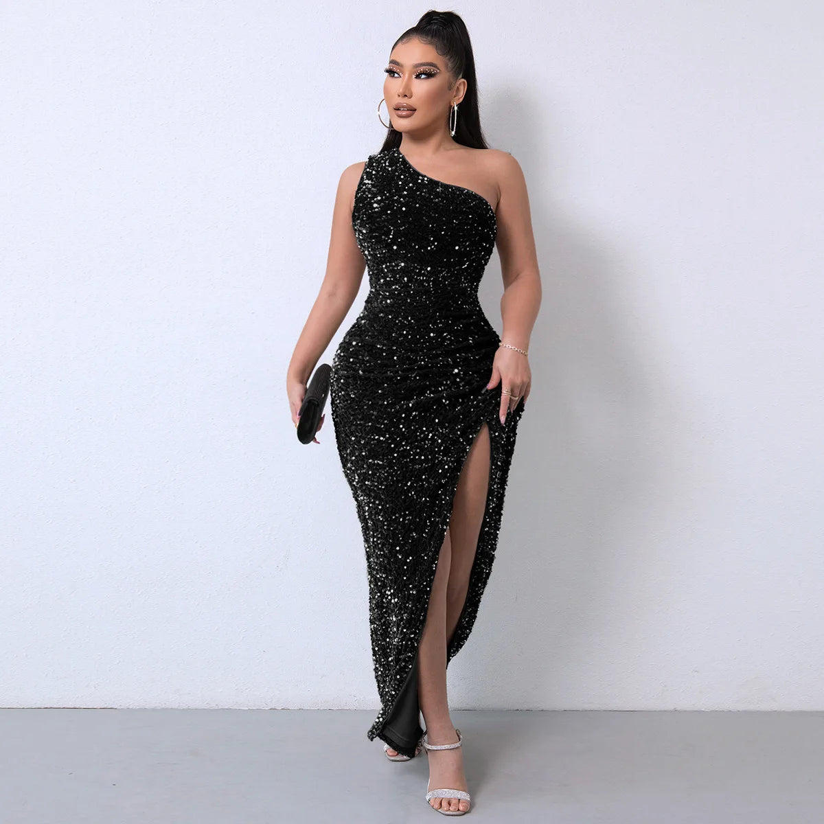 Party Dresses For Women Sexy Sequin Night Robe One Shoulder Sleeveless Bodycon Evening Maxi Dress Clothing Black