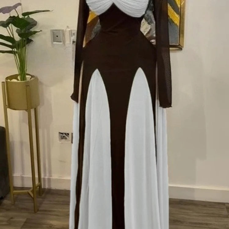 GLCMYAYA Women Long Sleeve Draped Front Midi A-line Patchwork Maxi Long  Dress 2025 Vacation Holiday Party Birthday Dresses