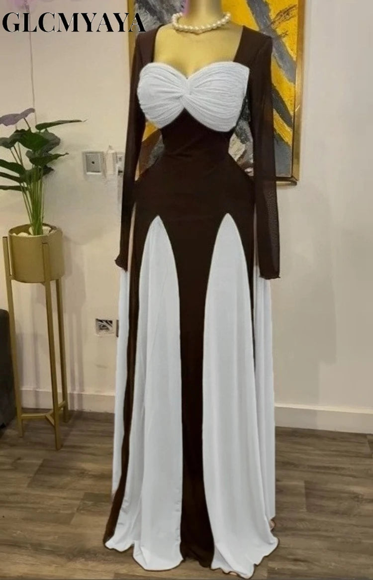 GLCMYAYA Women Long Sleeve Draped Front Midi A-line Patchwork Maxi Long  Dress 2025 Vacation Holiday Party Birthday Dresses
