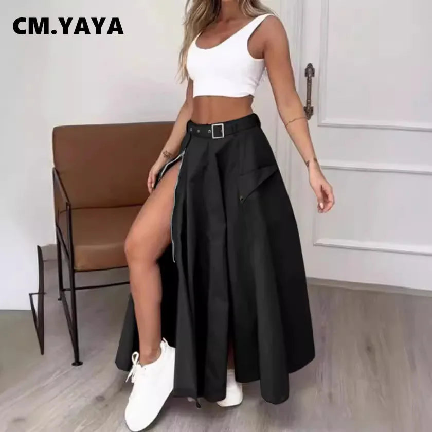CM.YAYA Women Fashion Pocket Front Zipper Slit Slim High Waist Maxi Skirt Streetwear Casual Safari Solid Long Skirts