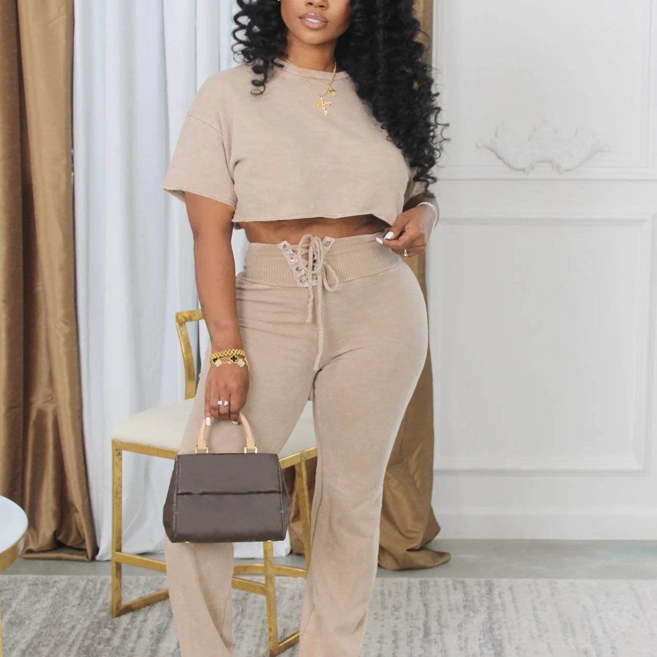 CM.YAYA Women's Set Tie Dye Print O-neck Short  Sleeve Crop Top +Pants Suits Street Sweatsuit Two 2 Piece Set Outfit Tracksuit