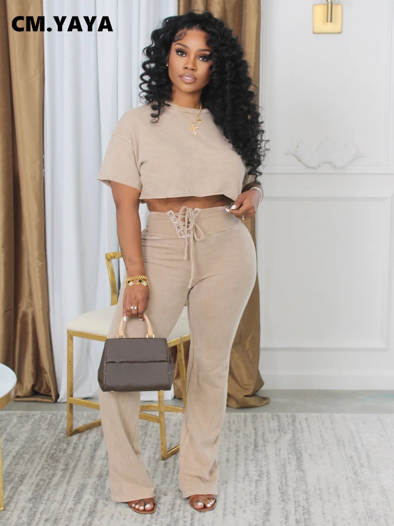 CM.YAYA Women's Set Tie Dye Print O-neck Short  Sleeve Crop Top +Pants Suits Street Sweatsuit Two 2 Piece Set Outfit Tracksuit