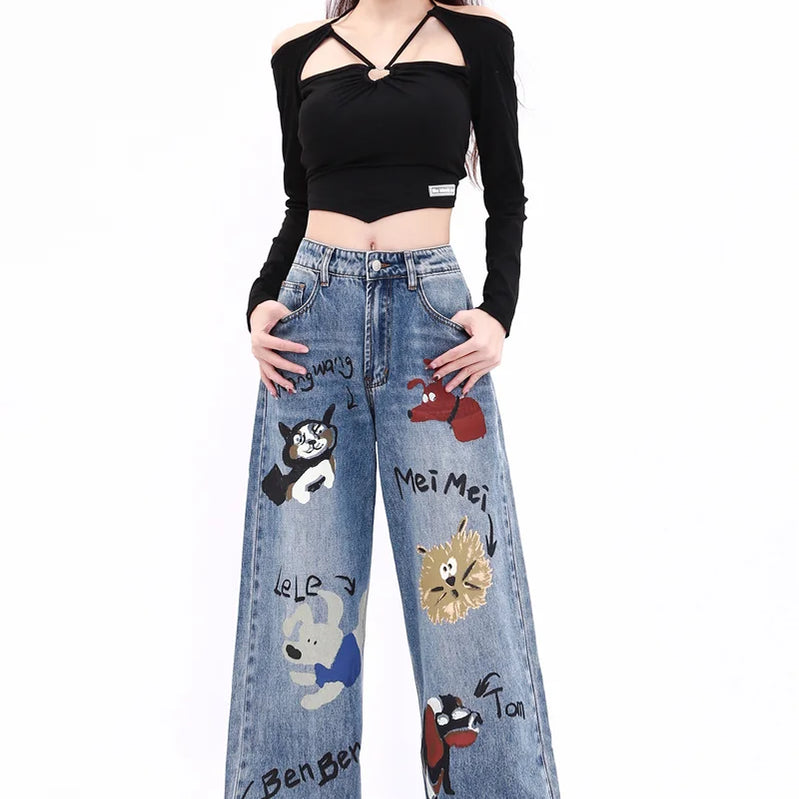 Autumn Winter New Baggy Jeans Woman American High Street Straight Tube Women's Jeans Cartoon Print Women Pants High Waist Blue