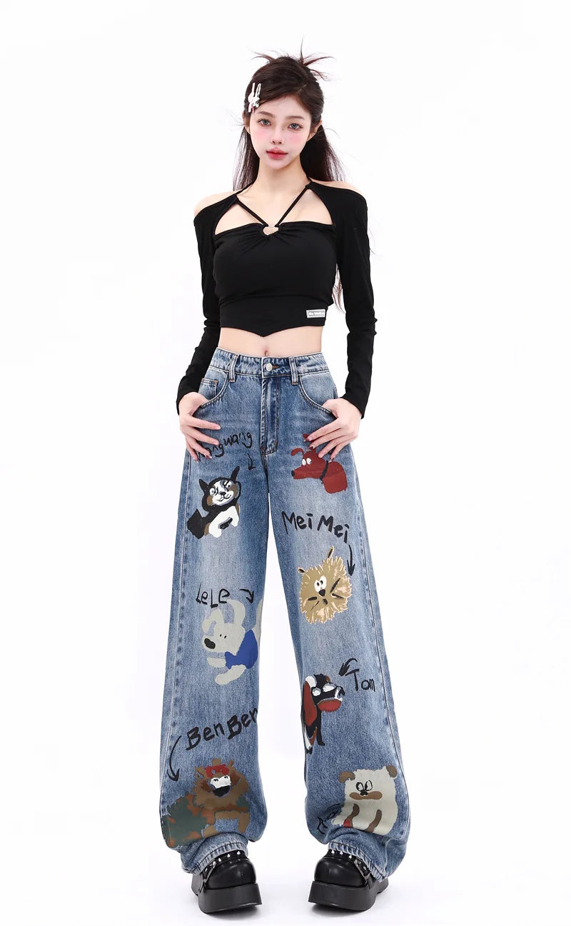 Autumn Winter New Baggy Jeans Woman American High Street Straight Tube Women's Jeans Cartoon Print Women Pants High Waist Blue