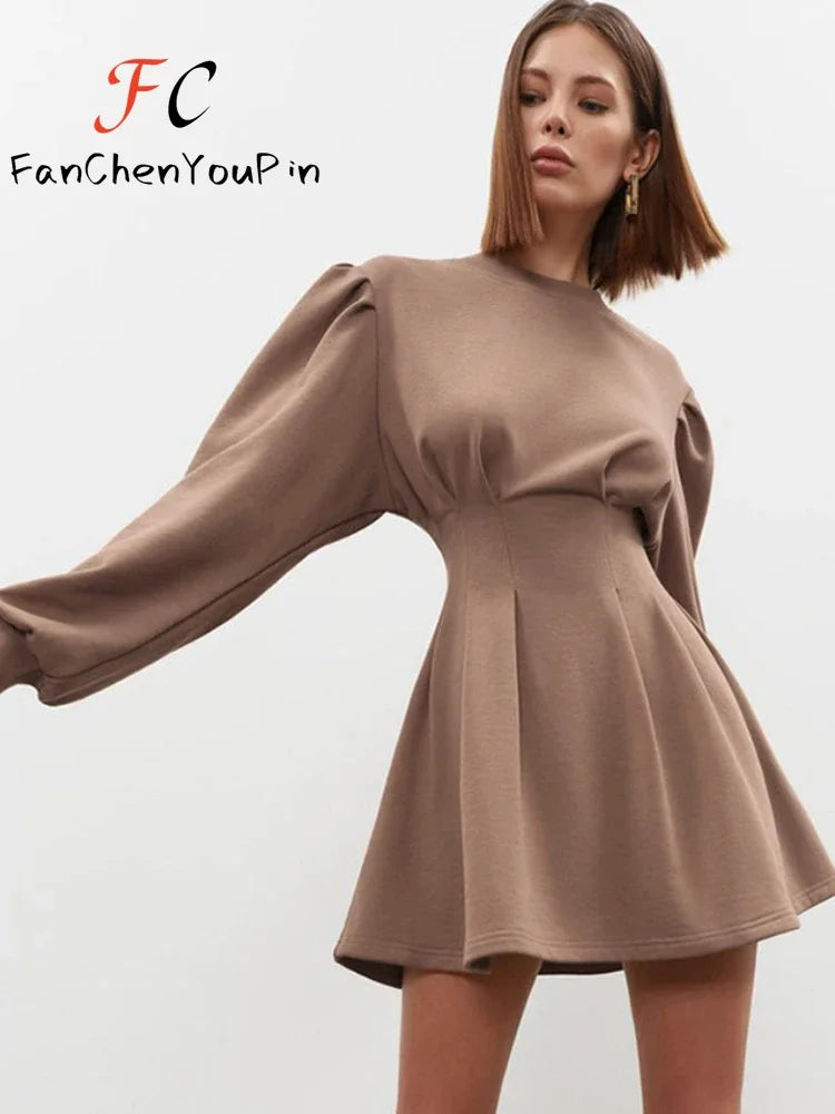 Spring Summer Women's Dress A-line Lantern Sleeves O-neck Short Skirt Vintage Slim Fit Pleated Temperament Dresses Female Light Brown One Size
