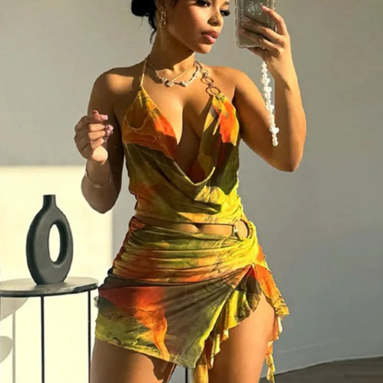 Joskaa Colorful Print Mesh Cutout Irregular Dress Women Hipster Sexy Halter Backless Split Slim Mini Dresses Holiday Wear Yellow