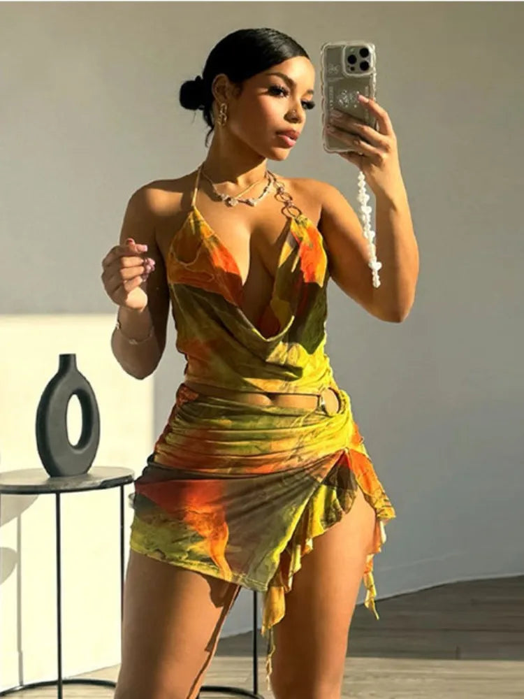 Joskaa Colorful Print Mesh Cutout Irregular Dress Women Hipster Sexy Halter Backless Split Slim Mini Dresses Holiday Wear Yellow