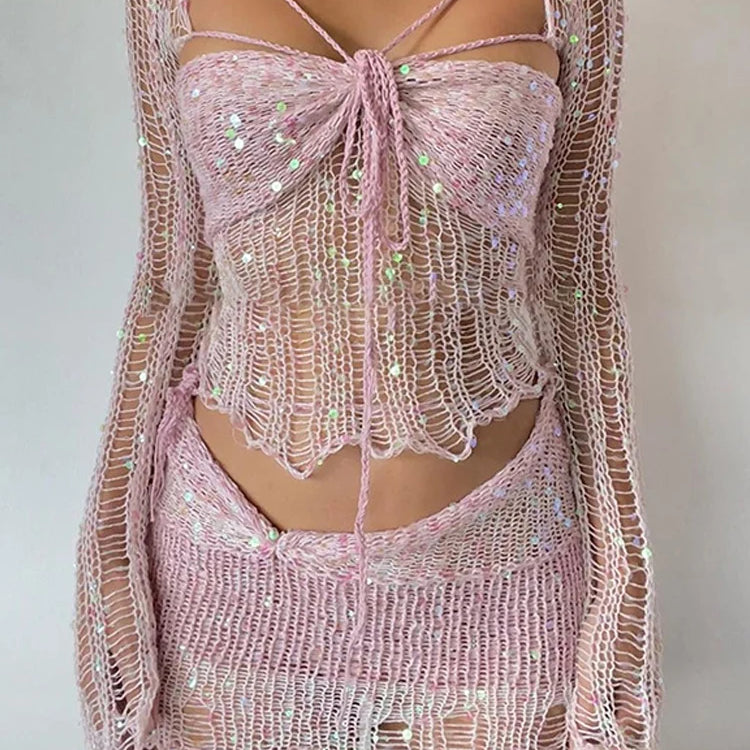 Sequins Knitted Hollow Out Two Piece Set Women Long Sleeve Cropped Top Midi Bodycon Skirt Summer Chic Beach Female Outfits