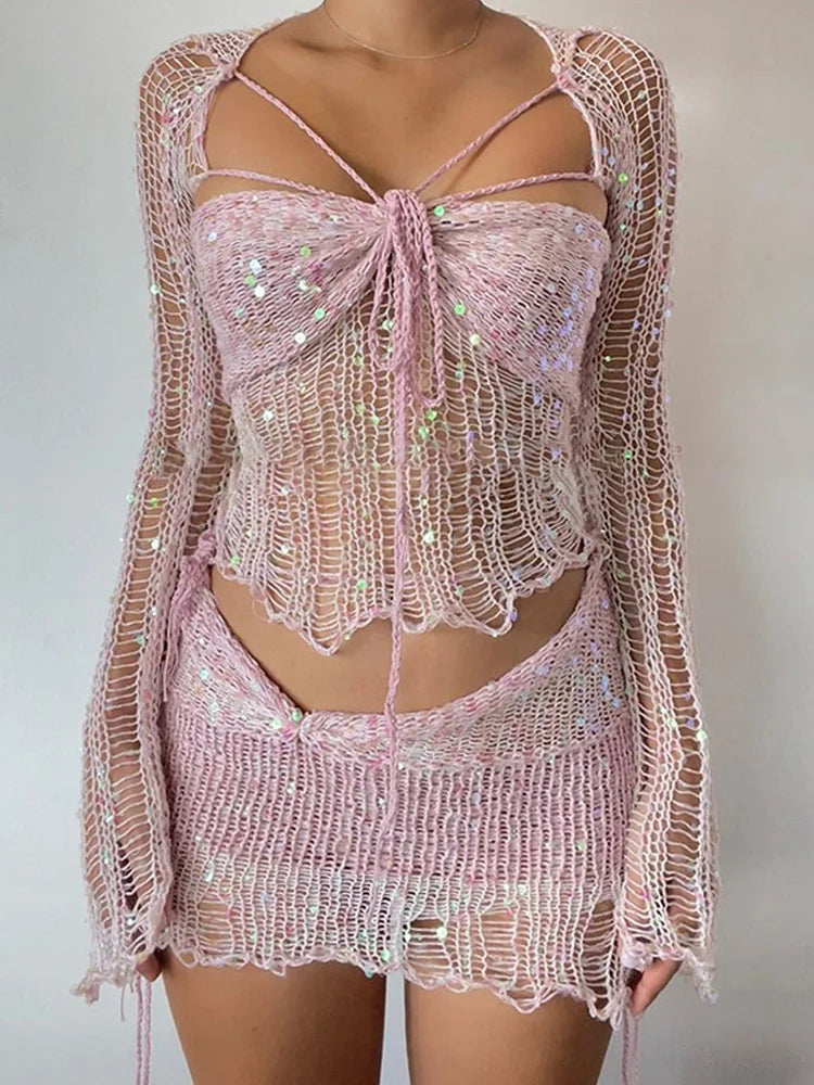 Sequins Knitted Hollow Out Two Piece Set Women Long Sleeve Cropped Top Midi Bodycon Skirt Summer Chic Beach Female Outfits