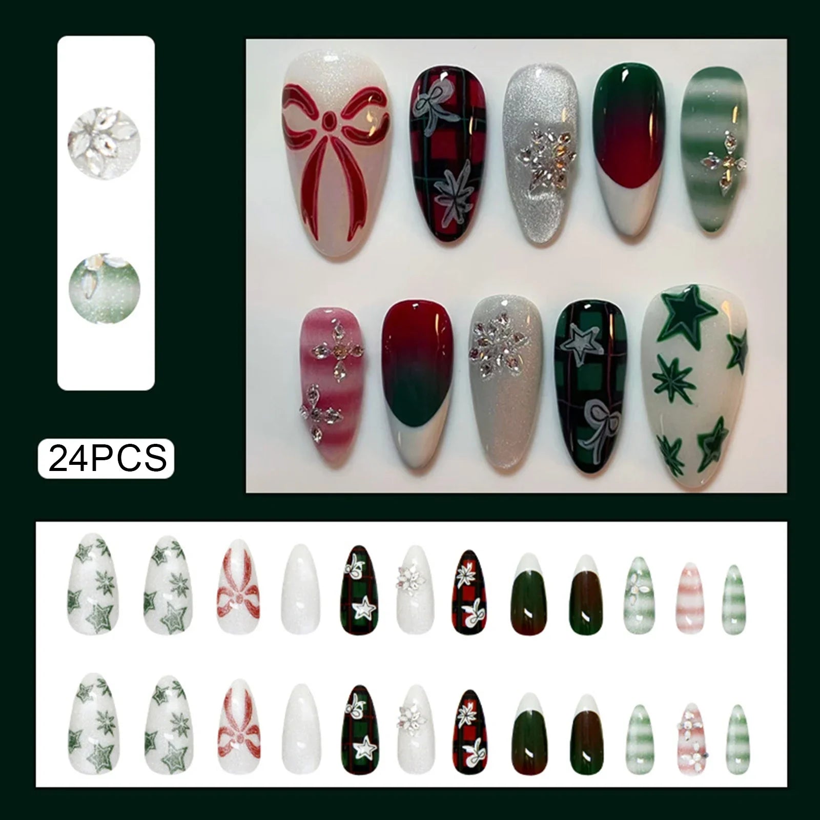 Christmas Almond Press On Nails, 24Pcs Full Cover Fake Nails Bowknot/Star/Snowflake Printed Wearable False Nails Diamond Decor