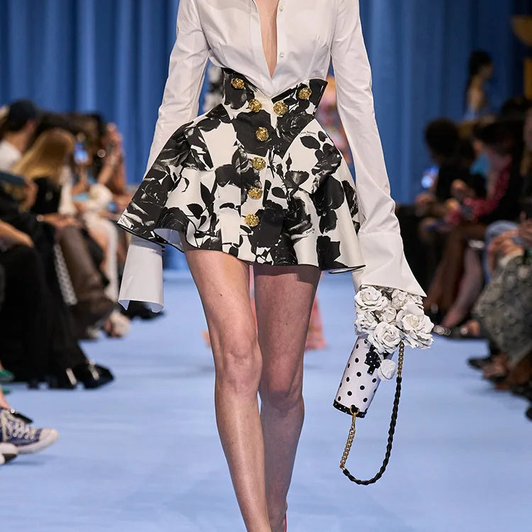 High Street Women Fashion Casual Long Sleeve Shirt A-Line Printed Skirt 2 Pieces Dress Office Lady Fashion Wear