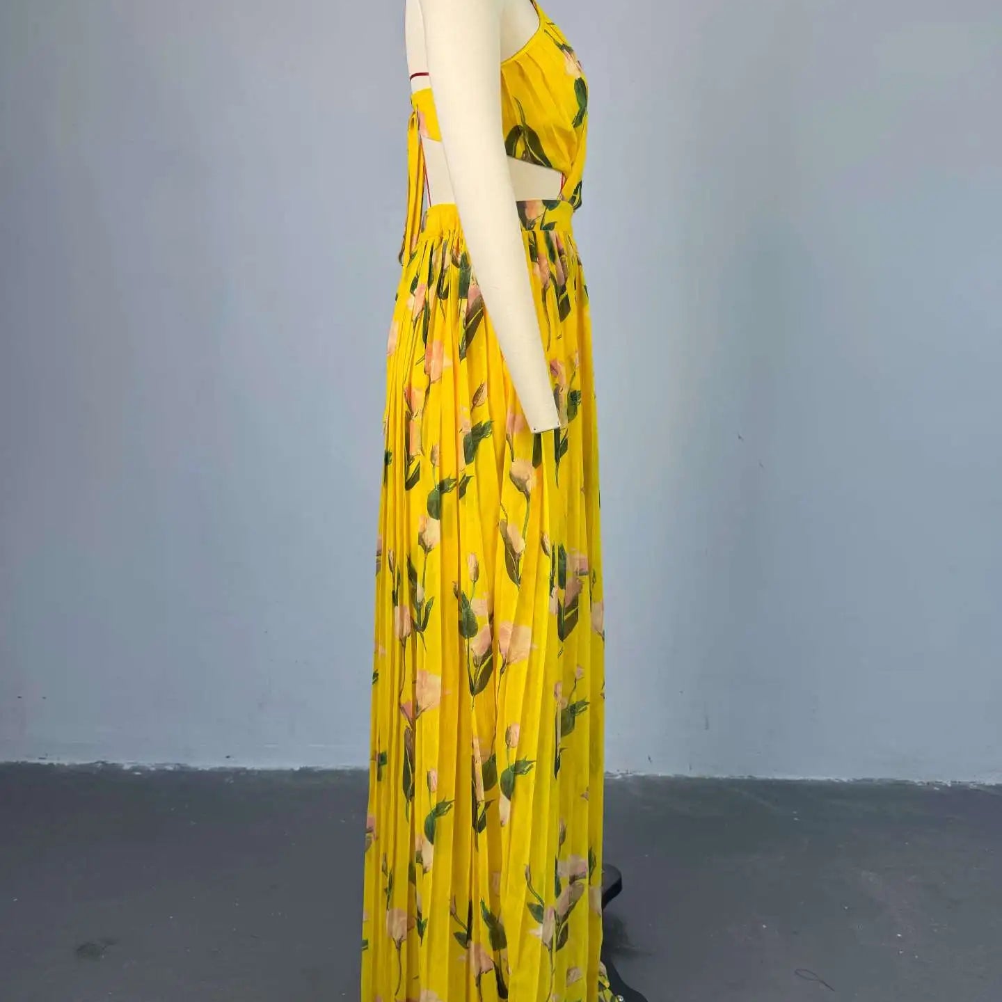 CM.YAYA Elegant Floral Print Sleeveless Sweet Strapless Floor-Length Long Women Dress Beach Party Birthday Sexy Pleated Dresses