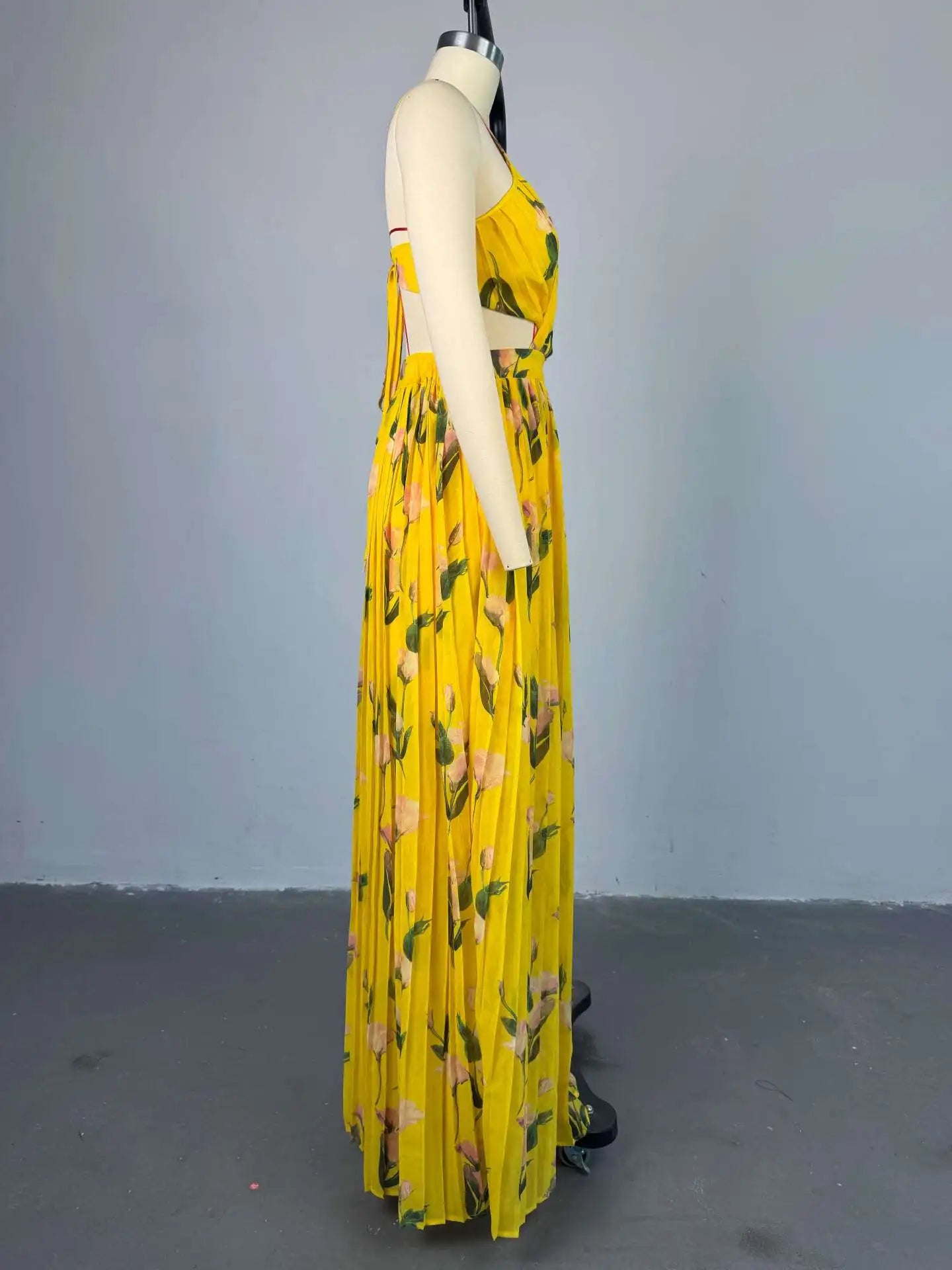 CM.YAYA Elegant Floral Print Sleeveless Sweet Strapless Floor-Length Long Women Dress Beach Party Birthday Sexy Pleated Dresses