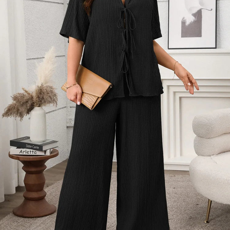 GIBSIE Plus Size Spring Summer Women Two Piece Set Loose Lace-up Shirt Top + Wide Leg Pants 2025 Female Casual 2 Piece Outfits