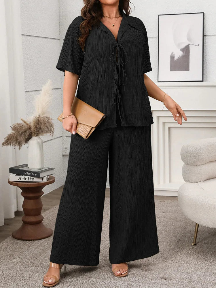 GIBSIE Plus Size Spring Summer Women Two Piece Set Loose Lace-up Shirt Top + Wide Leg Pants 2025 Female Casual 2 Piece Outfits