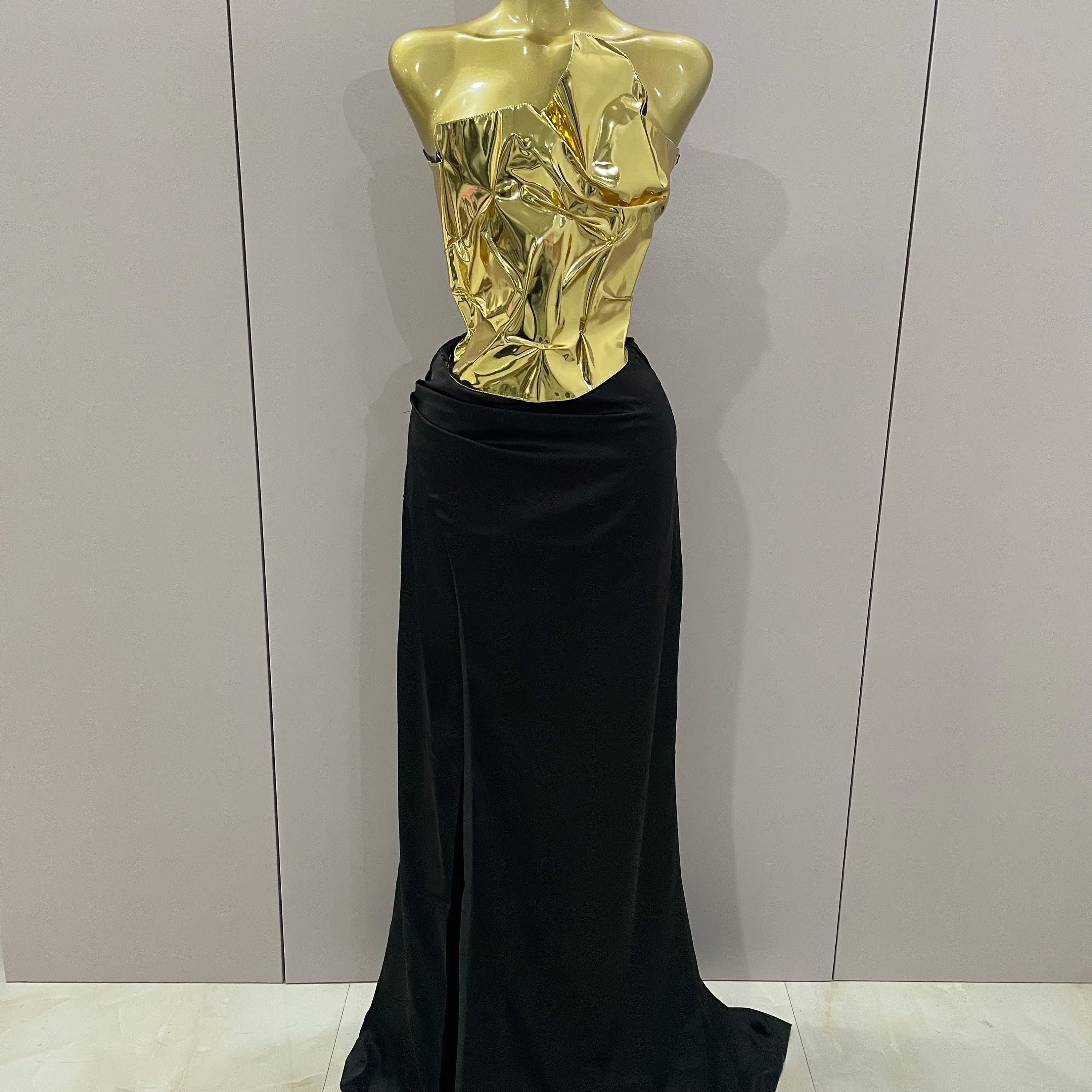 2025 New Arrival Gold Color Sexy Laced-up Tops 2 Pieces Set Long Dress Women Celebrate Evening Party Celebrity Elegant Dress