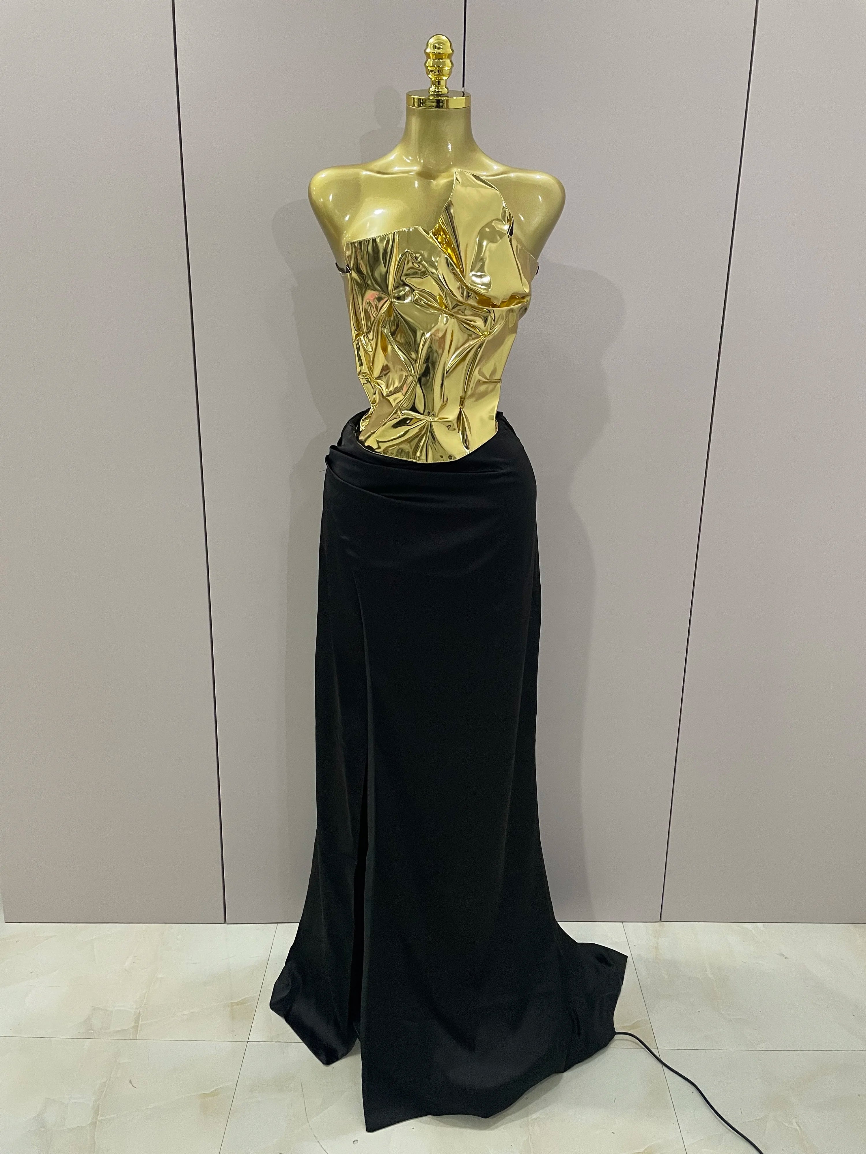2025 New Arrival Gold Color Sexy Laced-up Tops 2 Pieces Set Long Dress Women Celebrate Evening Party Celebrity Elegant Dress