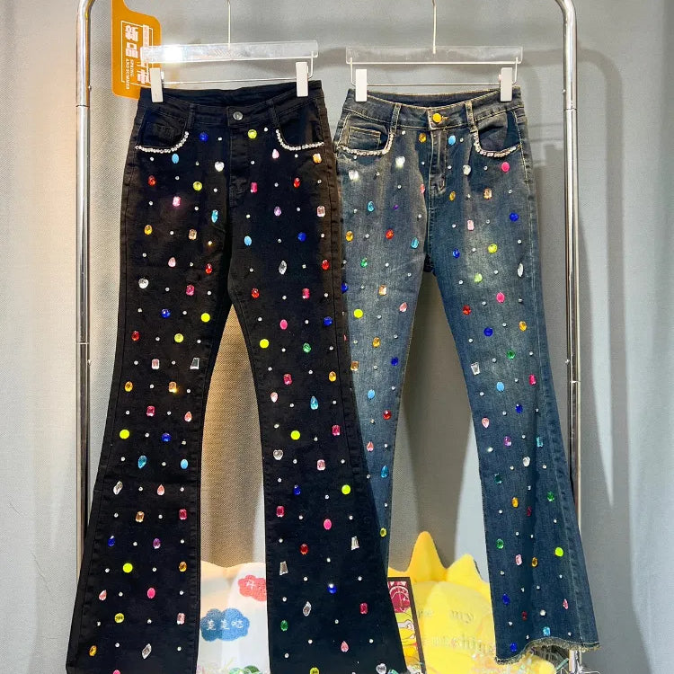 Exquise Rhinestone kralen zwarte klokbodem broek dames herfst winterjeans hoge taille all-matching denim blauwe broek