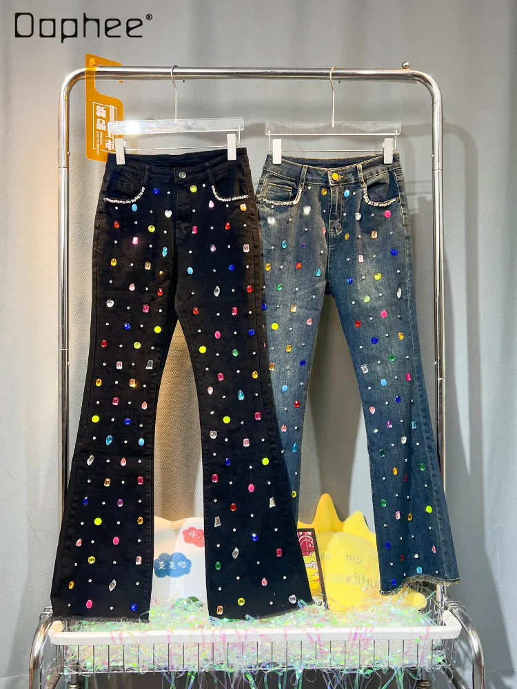 Exquisite Rhinestone Beaded Black Bell-Bottom Pants Women's Autumn Winter Jeans High Waist All-Matching Denim Blue Pants