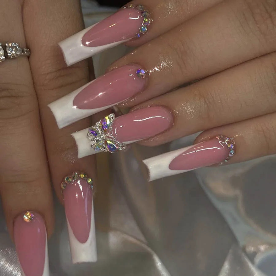 24Pcs Long Square Head French Fake Nail Press on 3D Bow Rhinestone Design Full Cover Nails Tips Detachable Finished False Nails