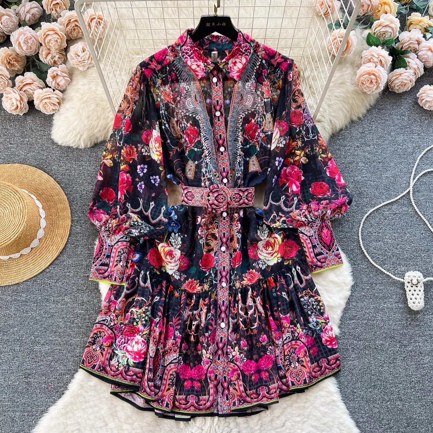Summer Gorgeous Holiday Beach Mini Dress Women's Stand Long Lantern Sleeve Vintage Print Belt Lace Up Chiffon Loose Vestido 6259