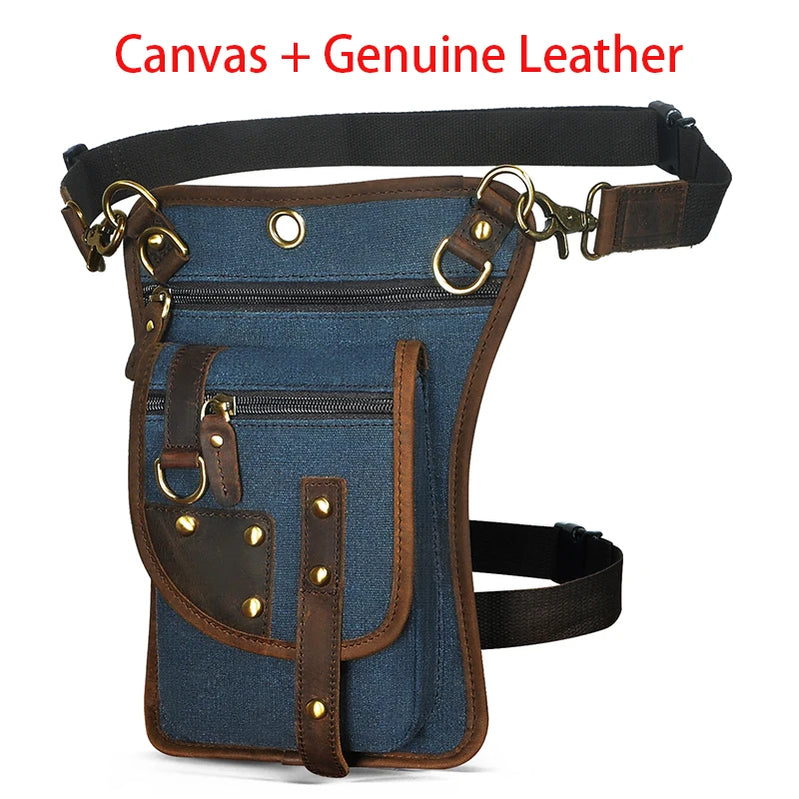 Leather Multipurpose Men Travel Mochila Crossbody Messenger Bag Hook Belt Waist Pack Drop Leg Phone Case Bag canvas-blue
