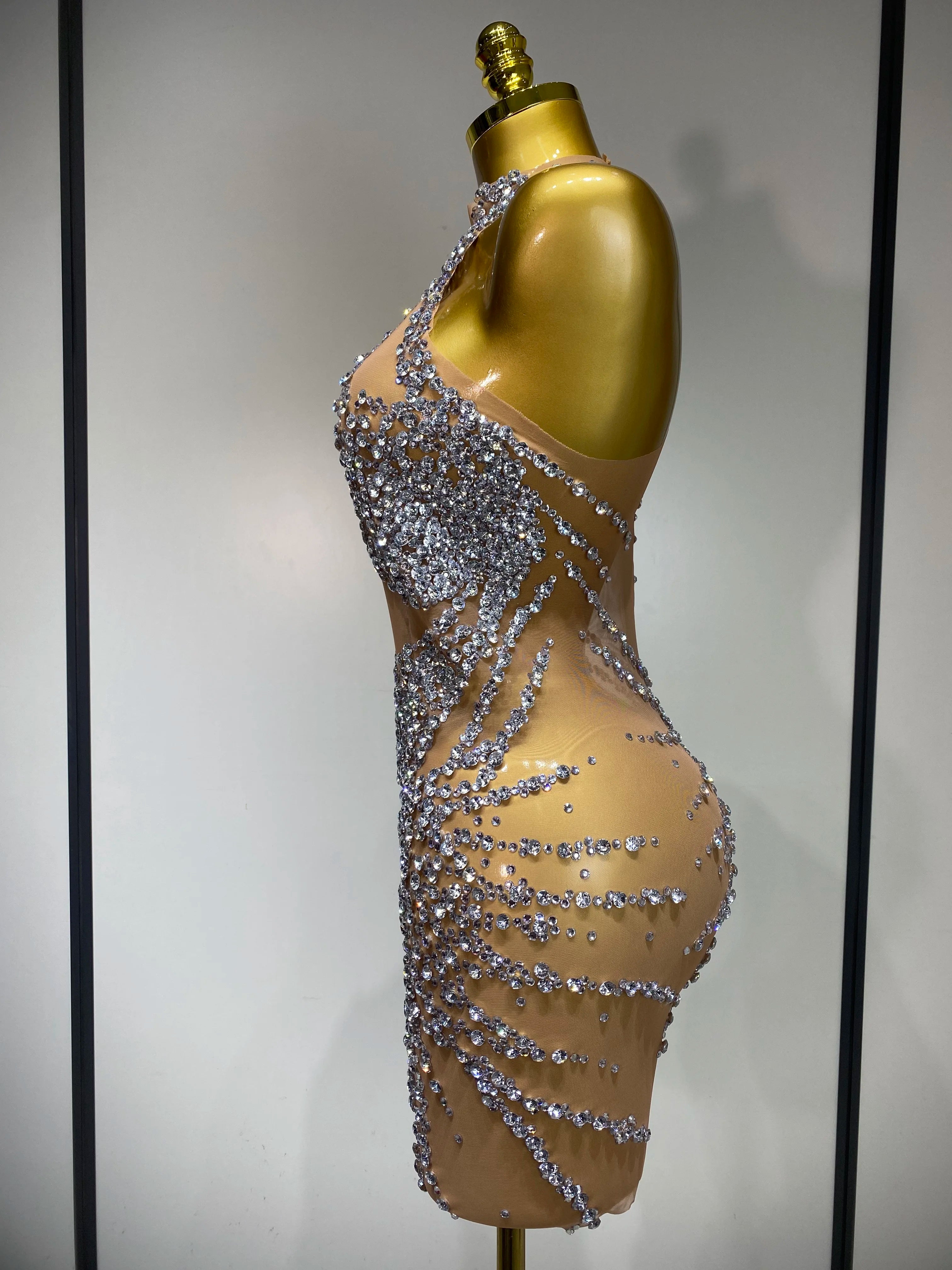 Luxury Rhinestones Mesh Transparent Prom Mini Dress Shinny Women Birthday Celebrate Party Prom Nightclub Outfit Stage Costume