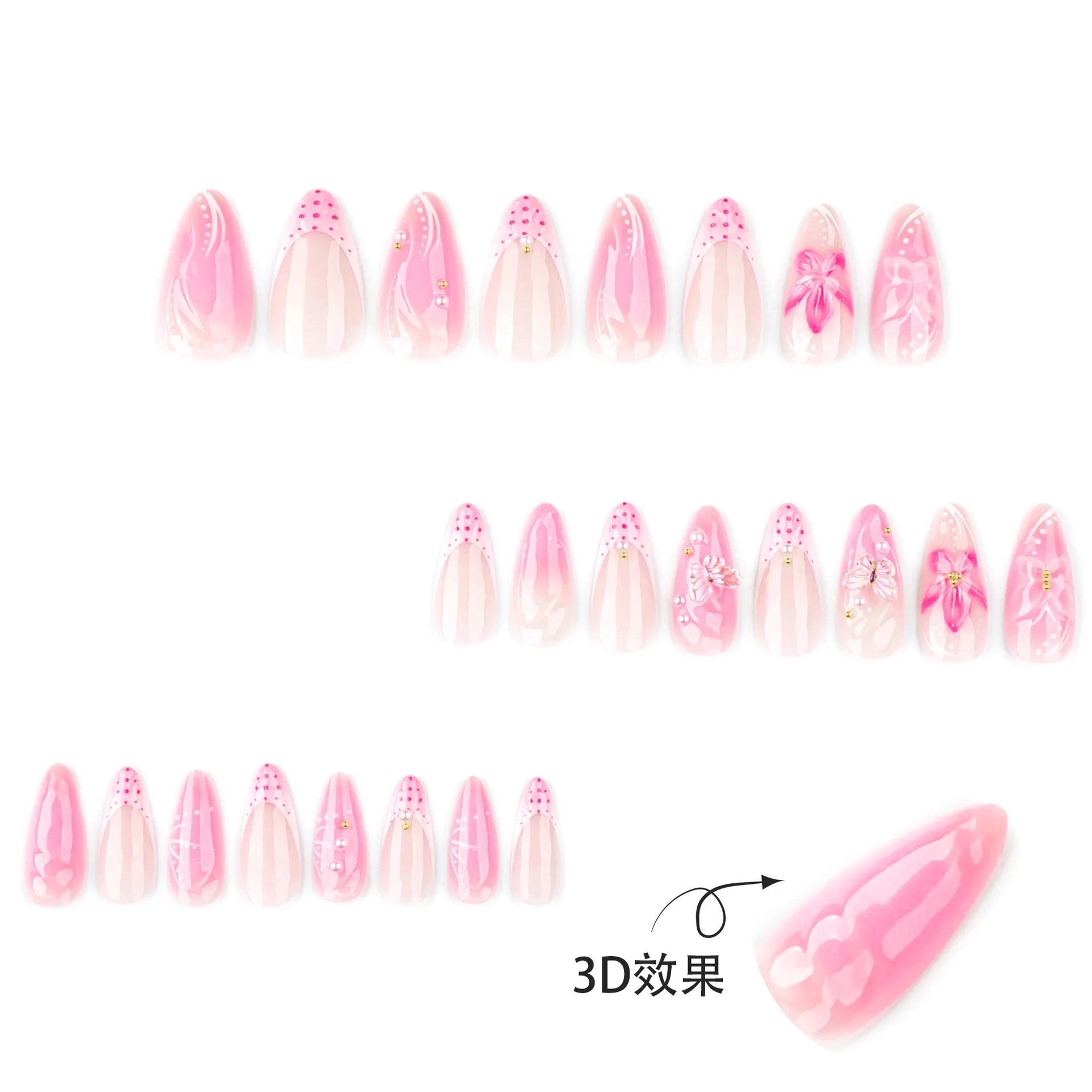 24pcs Sweet Pink Press on Nails 3D Butterfly Flowers Decor False Nail Tips Wearable Detachable Ins Korean Almond Fake Nails