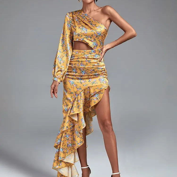 Floral Print Long Dress Women Luxury Evening Party Dress Elegant Ruffle Sexy One Shoulder Birthday Club Outfits Summer 2023