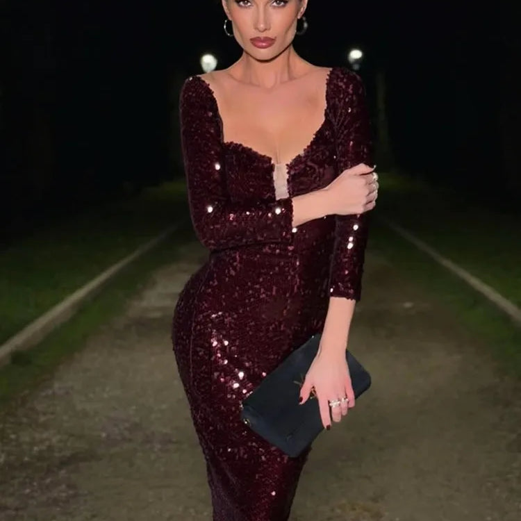 Luxury Women Celebrity Sexy Off Shoulder Burgundy Mesh Sequins Maxi Long Gowns Dress 2024 Elegant Evening Party Club Vestido