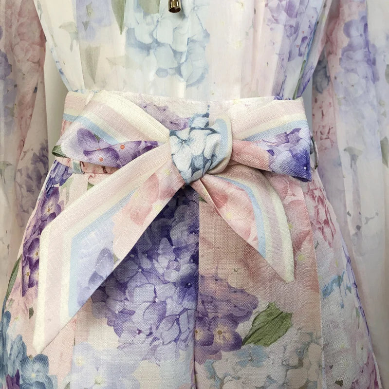 Shot In Stock Australian Spring Summer Celebrity Liu Shishi Same Style Purple Floral Long Sleeve Shirt + Shorts Set