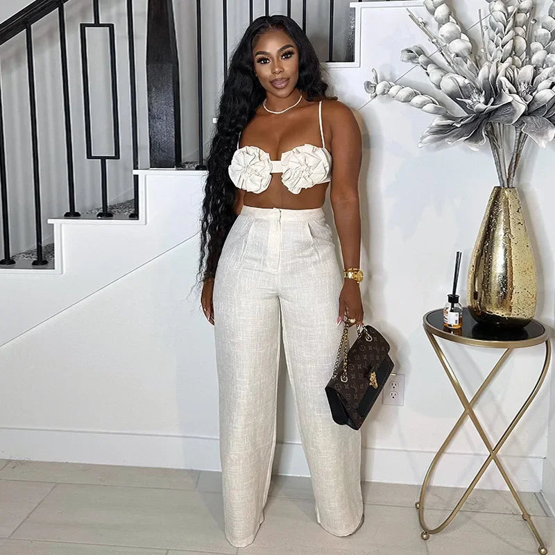 CM.YAYA Streetwear Women's Set Sleeveless 3D Flower Crop Bra Top+Wide Leg Pants Elegant beach holiday Two 2 Piece Set Outfits