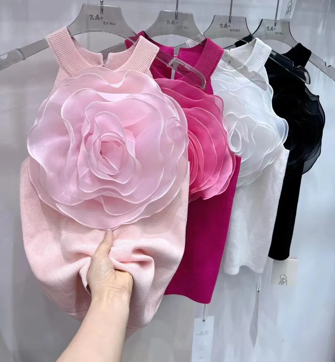 Summer New Arrival Knitwear Sexy Crop Tank Top Femme Black White 3D Flower Sexy Sleeveless Knitted Top Slim Fit Halter Vest Pink One Size