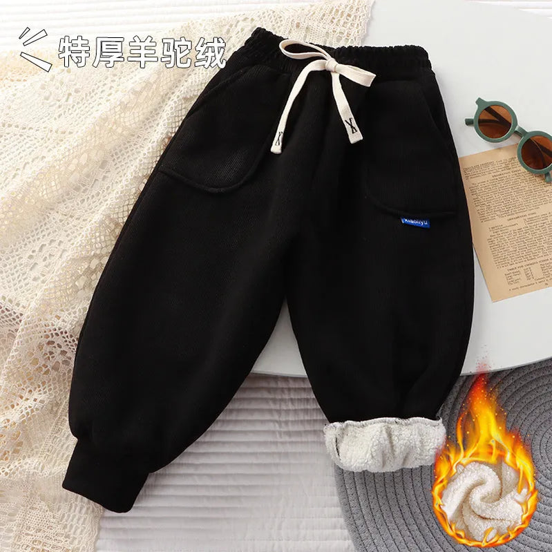 Kids Paded Pants Boys Girl Autumn Winter Plus Velvet Thick Warm Trousers Corduroy Outer Wear Sport Casual Pants Children Clothes Black