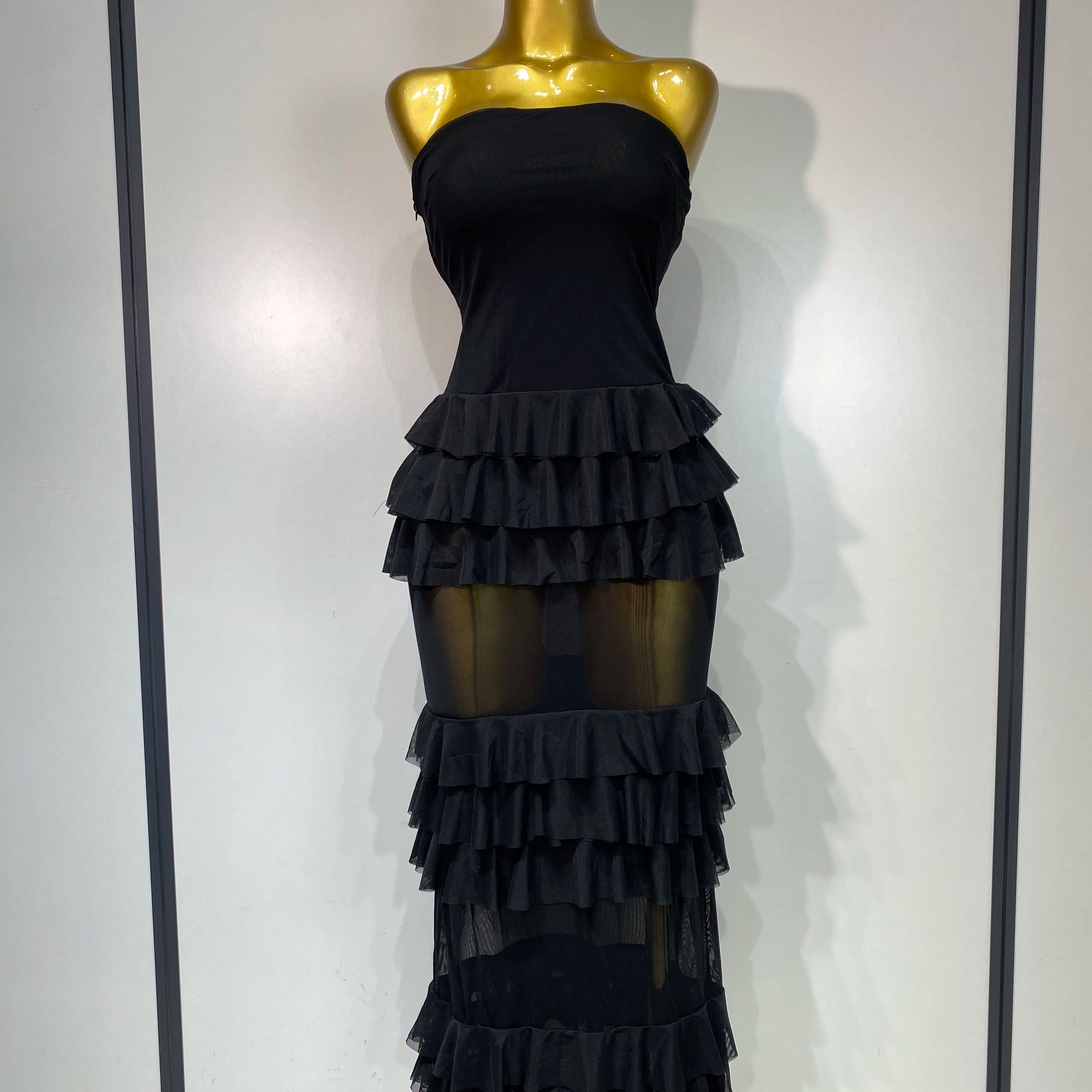 Women Sexy Strapless Ruffles Long Dress Black Backless Mesh See Through Design Dresses Evening Party Cocktail Birthday Dress