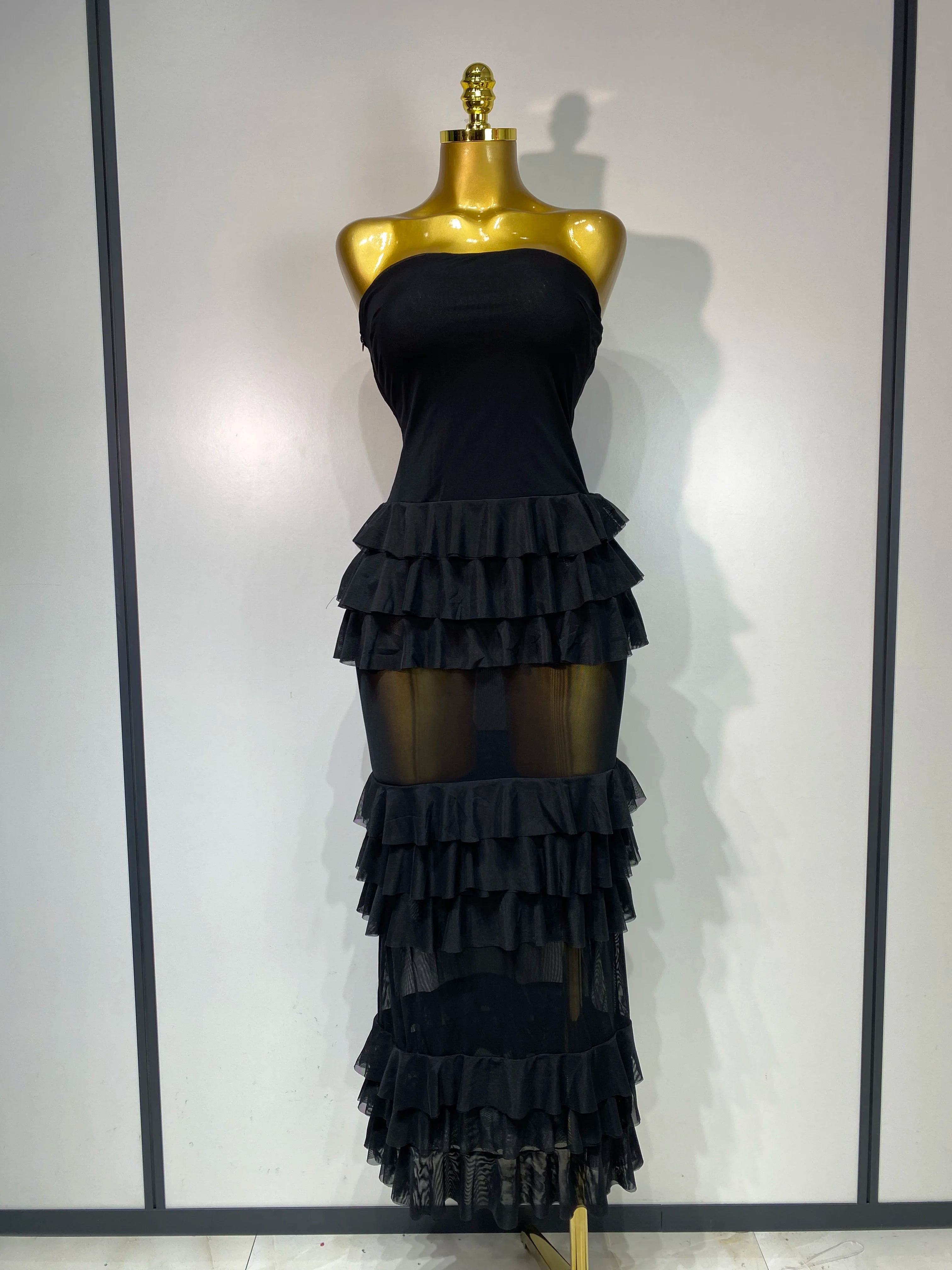 Women Sexy Strapless Ruffles Long Dress Black Backless Mesh See Through Design Dresses Evening Party Cocktail Birthday Dress