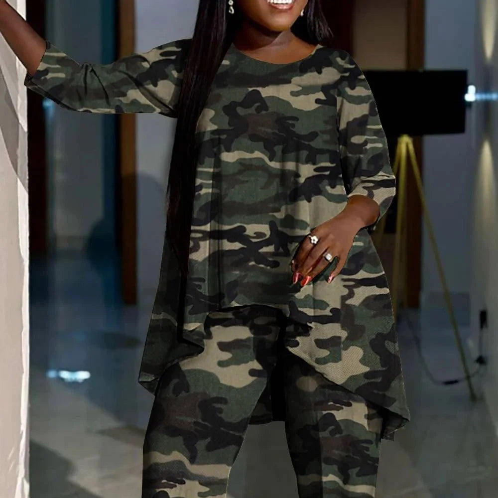 Plus Size Casual Pant Set Khaki Leopard Print Round-Neck Irregular Two Piece Pant Set