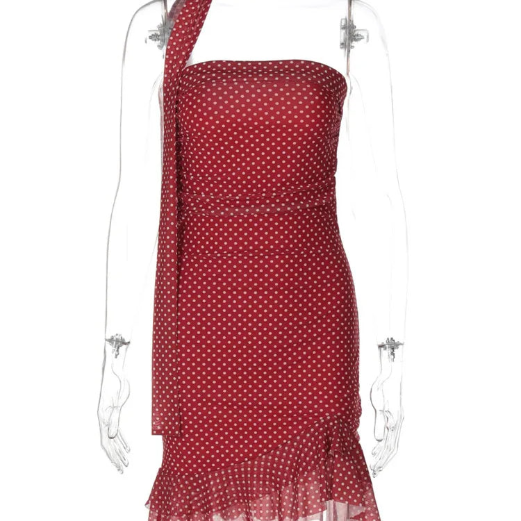 Scarf Collar Polka Dot Mini Dress Women Robe Fashion Off-shoulder Backless Sleeveless Ruffled Club Party Dress Vestido