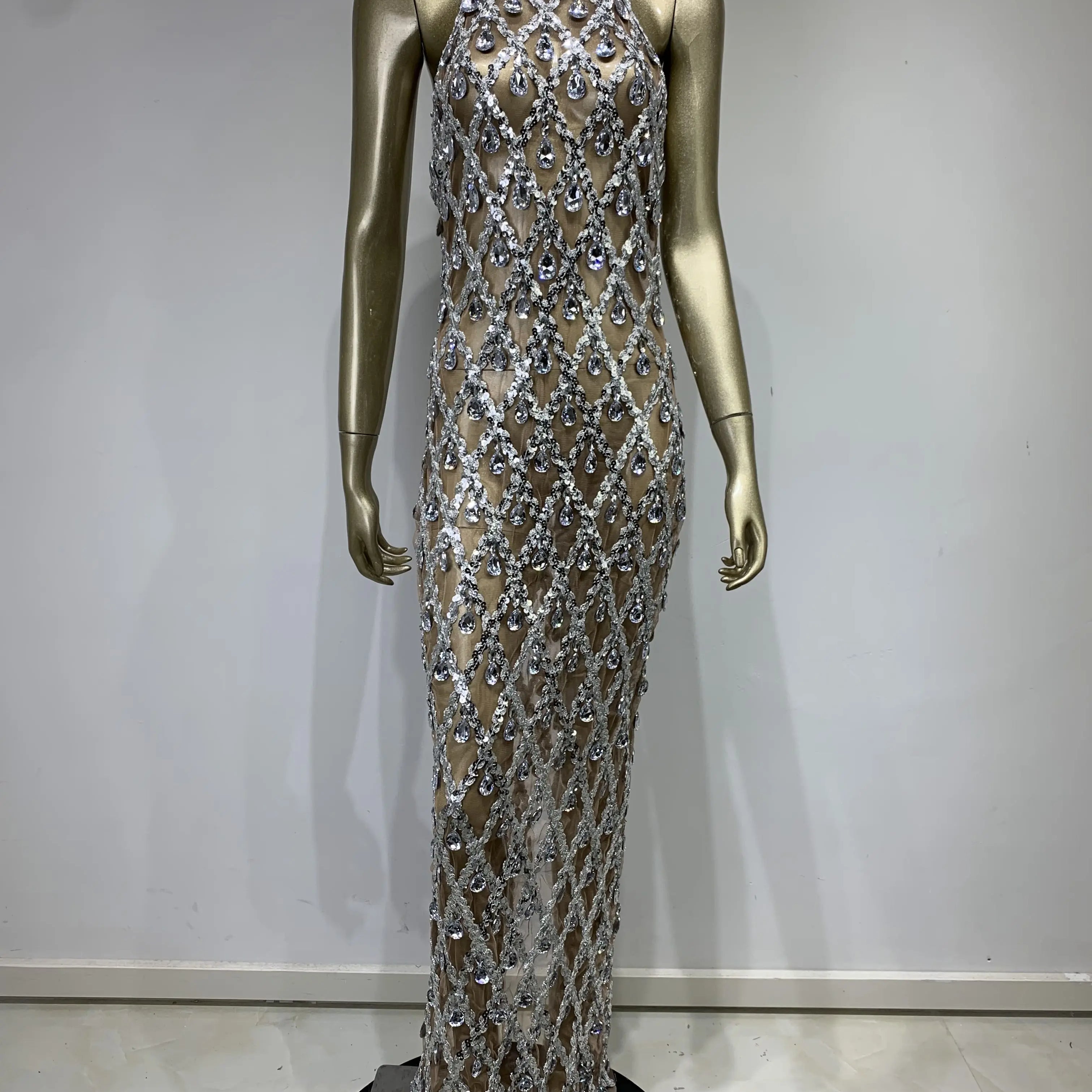 Stock Women Luxury Sexy Mesh Crystal Diamonds Beading Long Dress Birthday Party Costume Bar Nightclub Stage Performance Dress