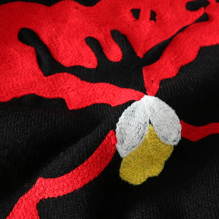 Black Floral Embroidery Pullover Women Boho Long Sleeve O Neck Autumn Winter Jumper Top Loose Knitted Sweaters