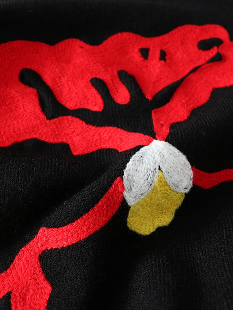 Black Floral Embroidery Pullover Women Boho Long Sleeve O Neck Autumn Winter Jumper Top Loose Knitted Sweaters