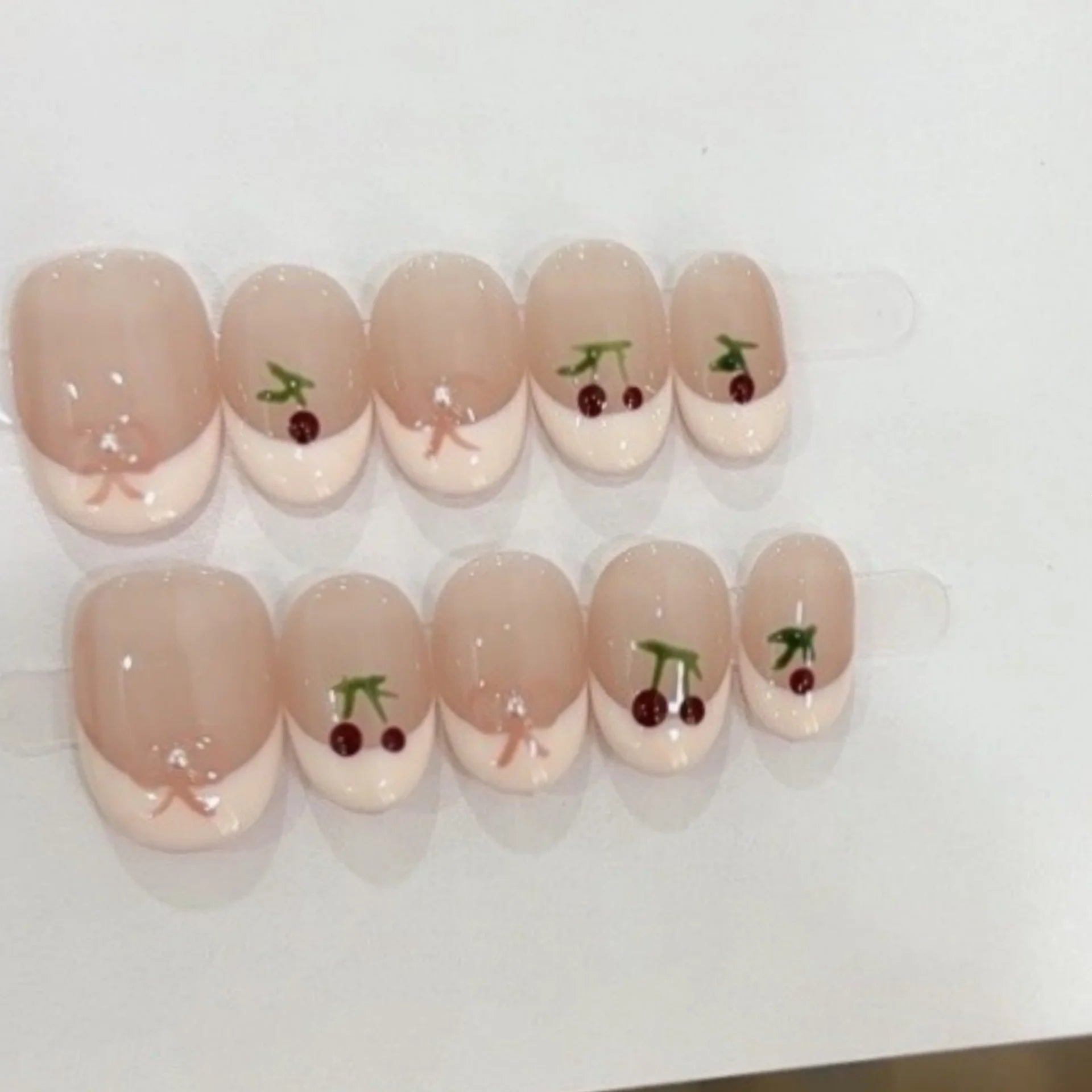 10pcs Short Oval Handmade False Nails Star Bow Stick on Nail Tips Blue Autumn Fake Nail for Girl Reusable French Press on Nails