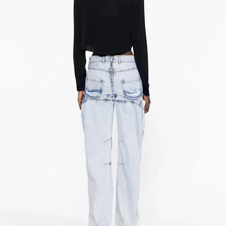 CHICEVER Minimalist Loose Denim Trouser For Women High Waist Patchwork Pockets Irregular Casual Solid Pant Female Summer Clothes