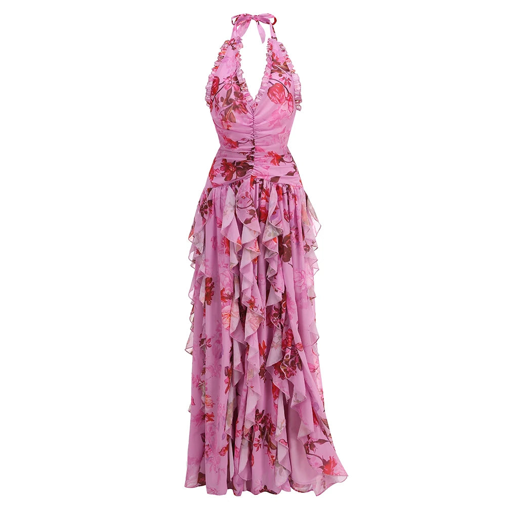 VC Elegant Pink Floral Halter-Style Ruffled Dress with Side Slit for High-Profile Outdoor Occasions Evening Gown