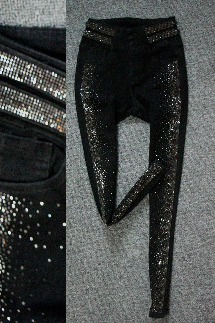 Autumn High-End High Waist Rhinestone Bling Gradient Gray Black Skinny Jeans Women Cotton Stretch Slim Fit Denim Boot Pants