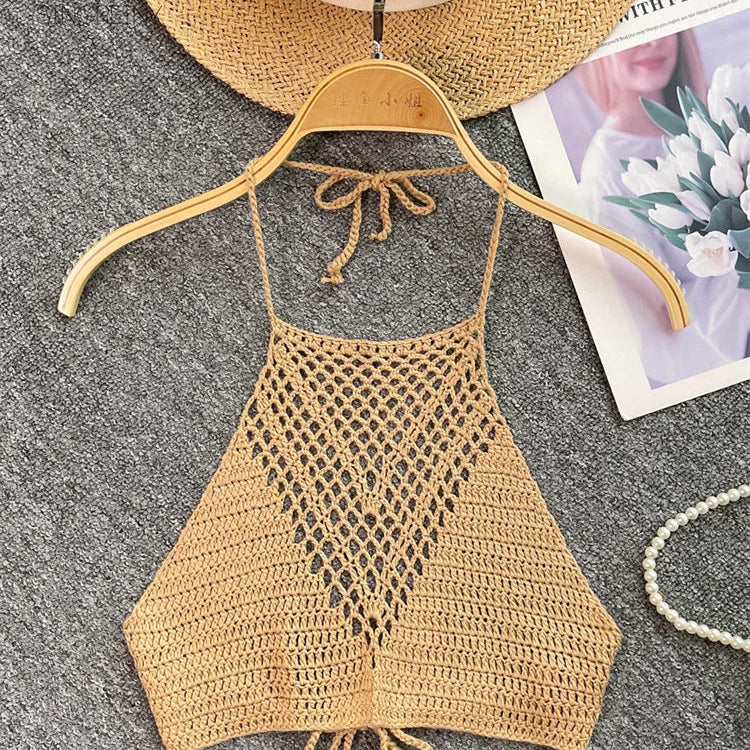 SINGREINY Summer Knit Camisole Women Hollow Out Design Solid Backless Halter Retro Fashion Ladies Sexy Beach Slim Tank Top khaki One Size