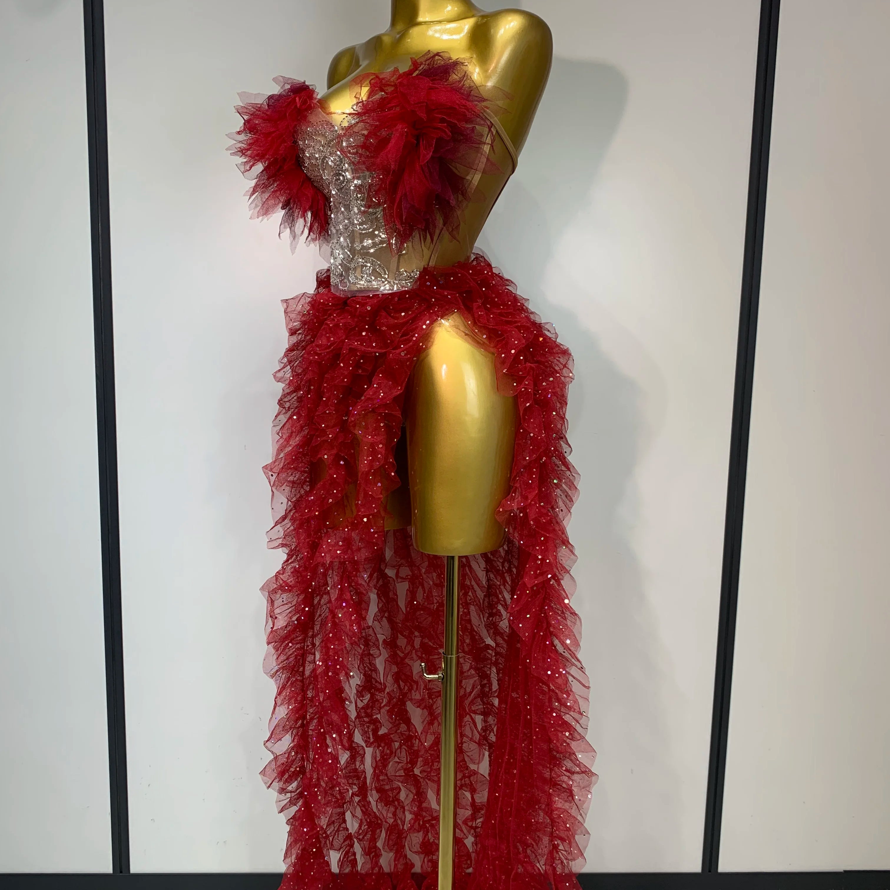 Women Sexy Strapless Mesh two Pieces Set Bodycon Long Dress High Split Nightclub Party Luxury Birthday  Singer Stage Outfit